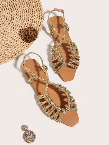 Faux Suede Hand-Woven Twist Flat Sandals shein