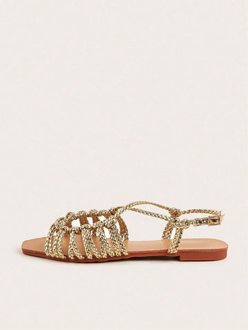 Faux Suede Hand-Woven Twist Flat Sandals shein