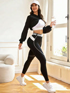 Sport Studio Two Tone Contrast Letter Tape Drop Shoulder Hoodie & Drop Shoulder Hoodie & Leggings shein
