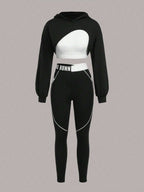 Sport Studio Two Tone Contrast Letter Tape Drop Shoulder Hoodie & Drop Shoulder Hoodie & Leggings shein