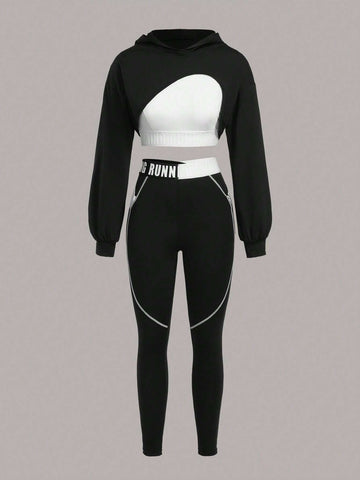 Sport Studio Two Tone Contrast Letter Tape Drop Shoulder Hoodie & Drop Shoulder Hoodie & Leggings