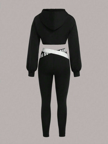 Sport Studio Two Tone Contrast Letter Tape Drop Shoulder Hoodie & Drop Shoulder Hoodie & Leggings