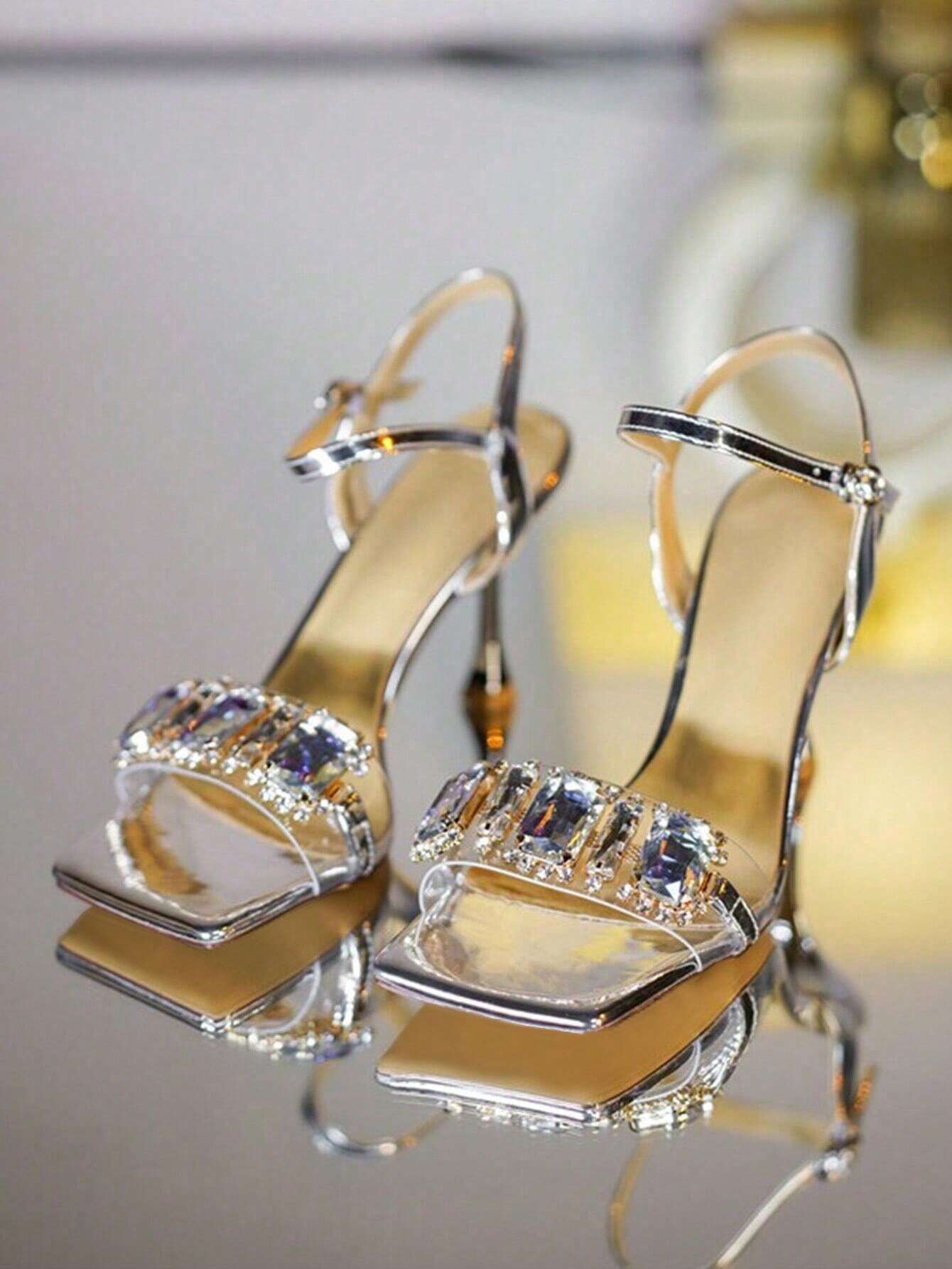 Women Metallic Rhinestone Decor Single Band Heeled Sandals shein