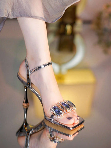 Women Metallic Rhinestone Decor Single Band Heeled Sandals shein