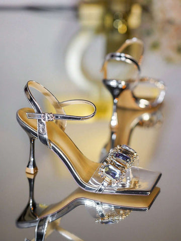 Women Metallic Rhinestone Decor Single Band Heeled Sandals shein