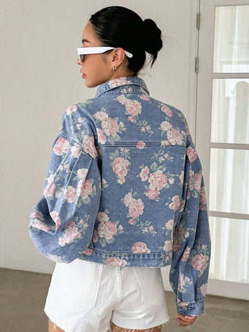 DAZY Floral Print Drop Shoulder Flap Pocket Denim Jacket shein