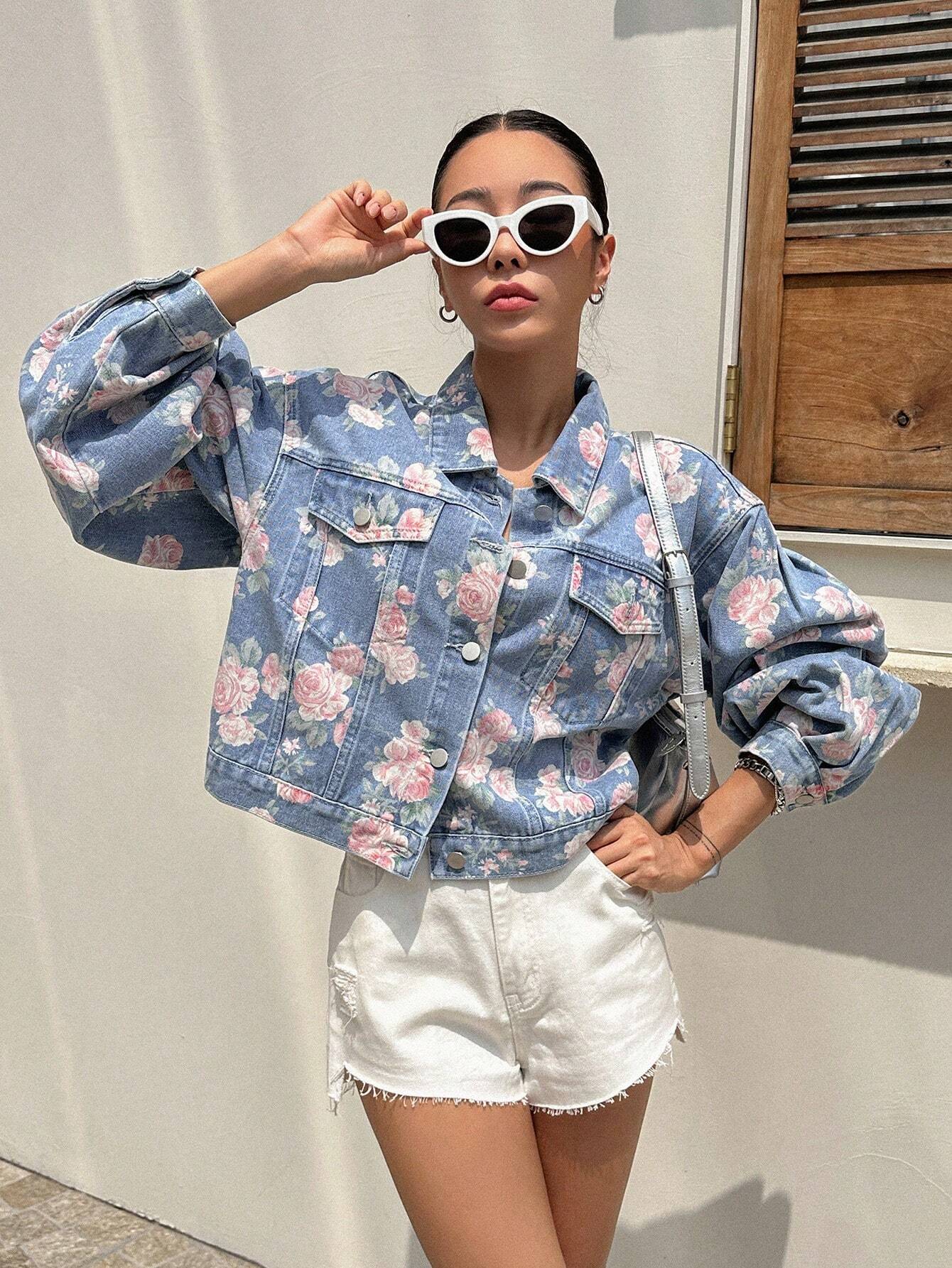 DAZY Floral Print Drop Shoulder Flap Pocket Denim Jacket shein