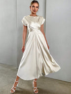 Privé Solid Criss Cross Front Satin A-line Dress shein