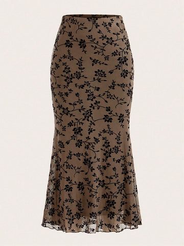EZwear Floral Print Mermaid Hem Mesh Skirt