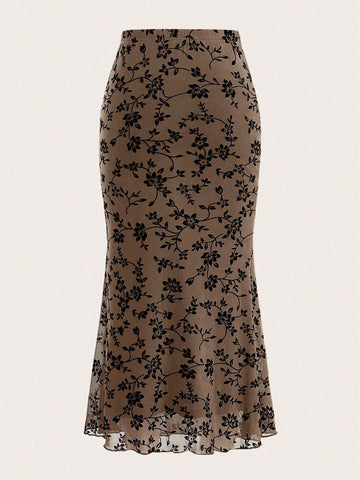 EZwear Floral Print Mermaid Hem Mesh Skirt