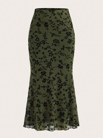 EZwear Floral Print Mermaid Hem Mesh Skirt