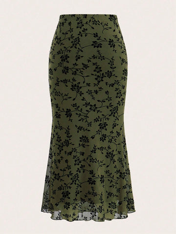 EZwear Floral Print Mermaid Hem Mesh Skirt