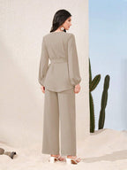 Mulvari Lantern Sleeve Belted Top & Split Hem Pants shein