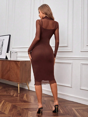 Privé High Neck Mesh Panel Lettuce Trim Bodycon Dress shein