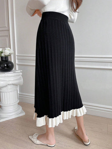 DAZY Two Tone Ruffle Hem Knit Skirt shein