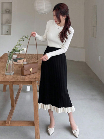 DAZY Two Tone Ruffle Hem Knit Skirt shein