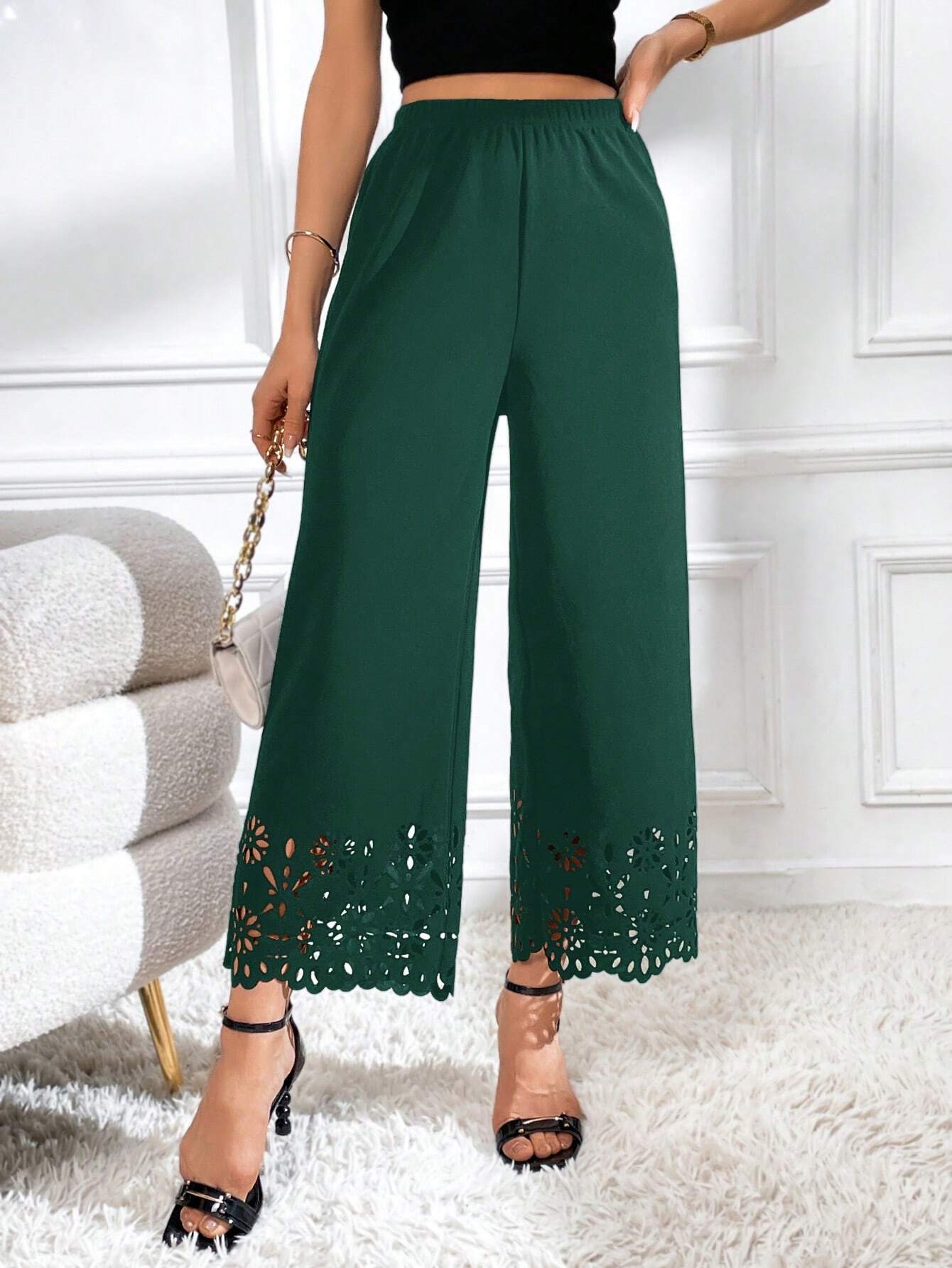 Priv� Laser Cut Out Wide Leg Pants shein