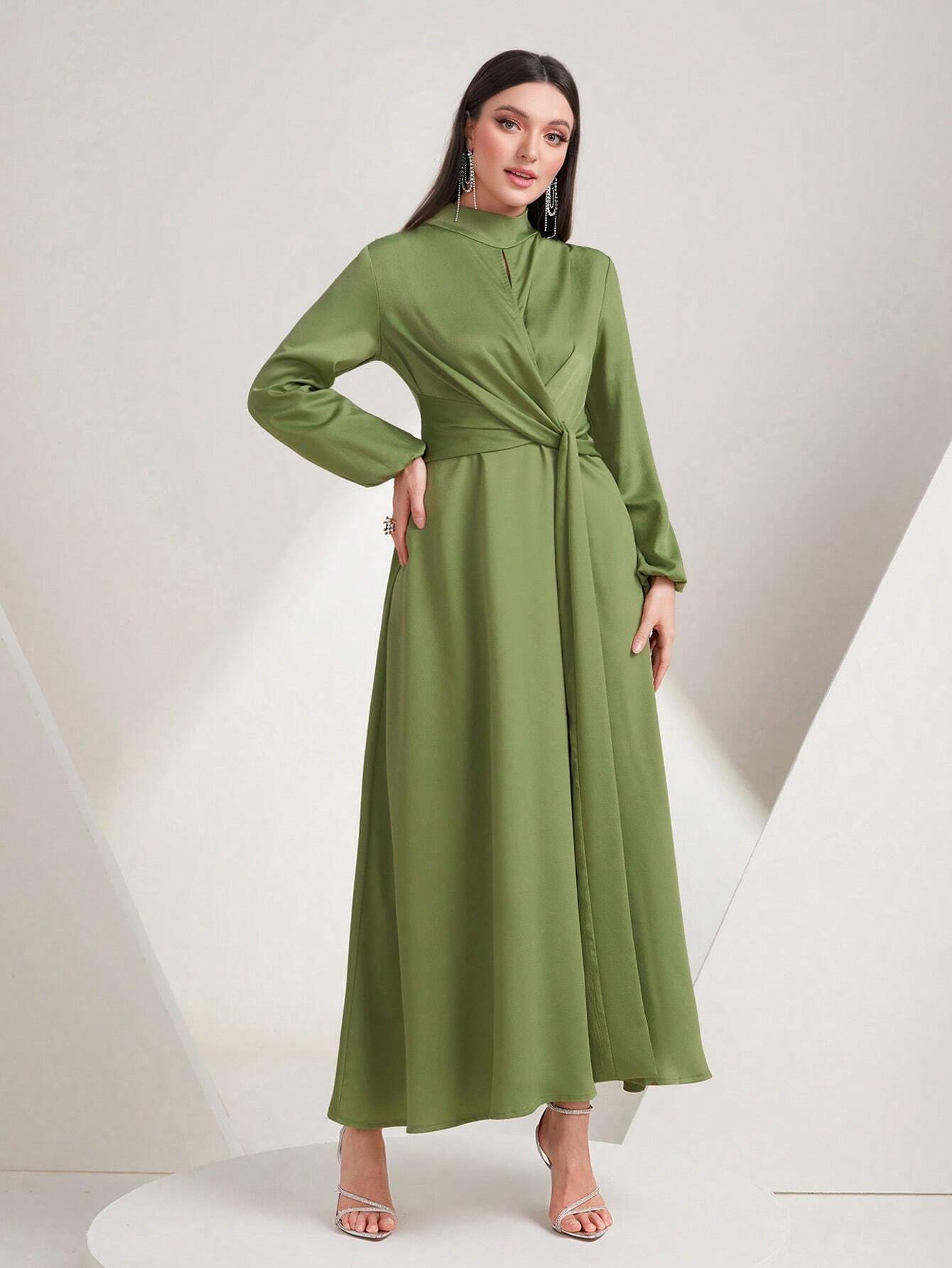 Modely Mock Neck Twist Front Lantern Sleeve Dress shein