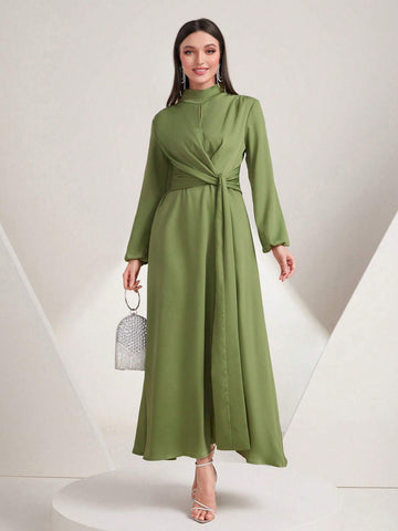 Modely Mock Neck Twist Front Lantern Sleeve Dress shein