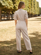 Frenchy Women Color Patch Neck Short Puff Sleeves Insert Pockets Elegant Jumpsuit shein