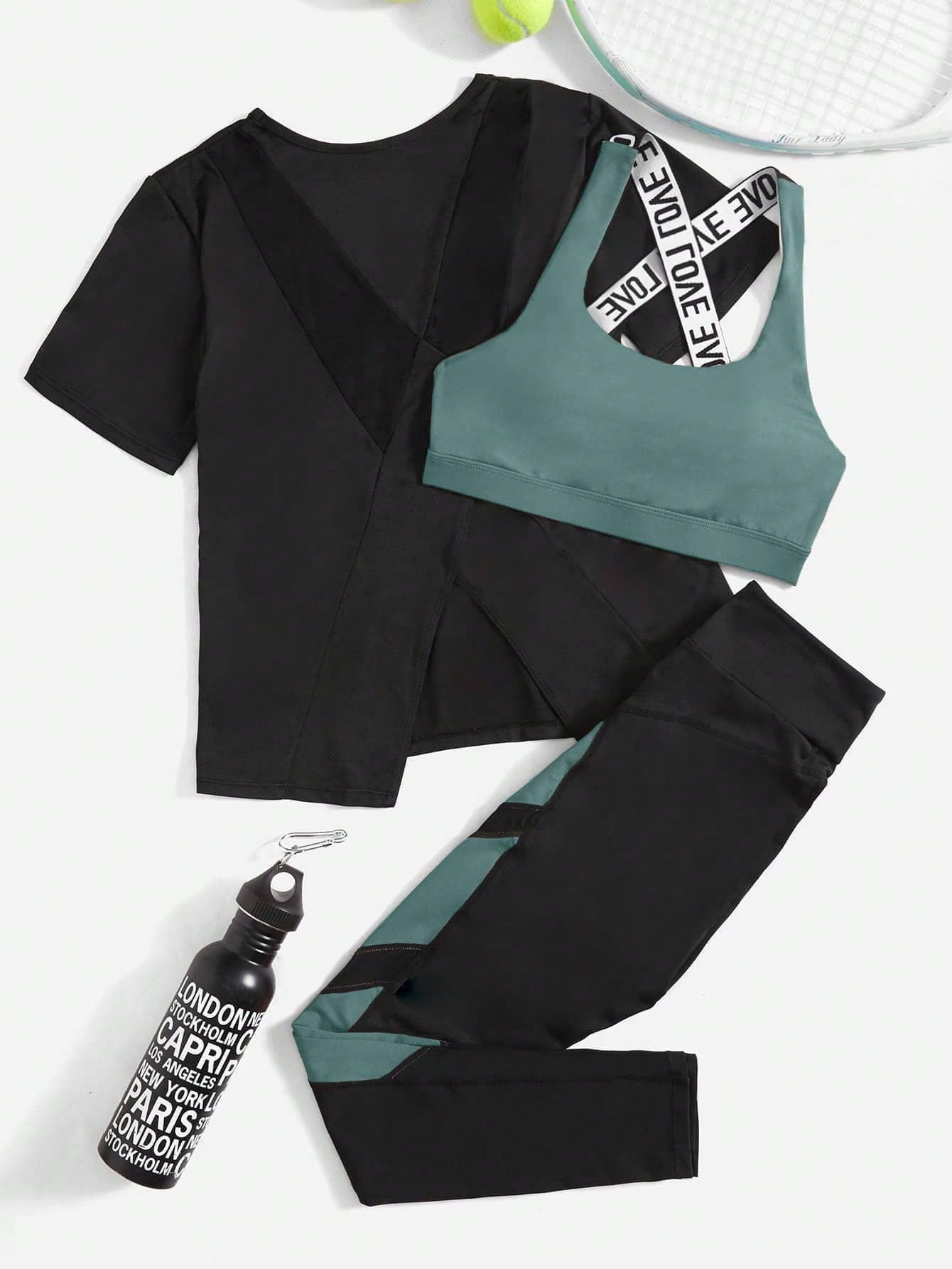 Breathable And Soft Sports Suit With Cross Detailing And Letter Weaving Strap Workout Women Set