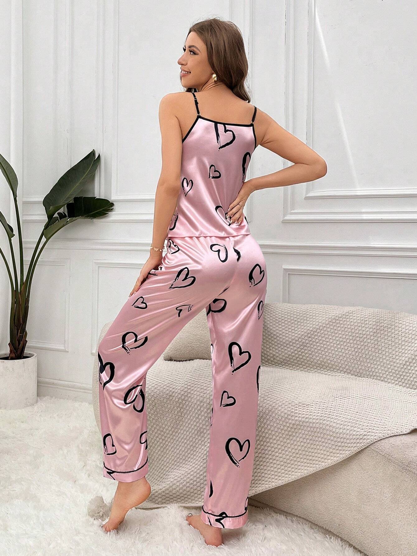 Contrast Piping Satin PJ Set shein