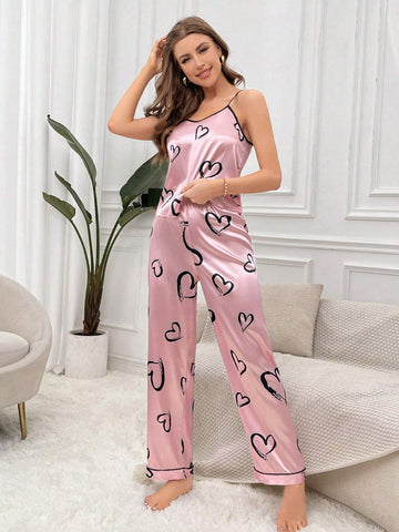 Contrast Piping Satin PJ Set shein