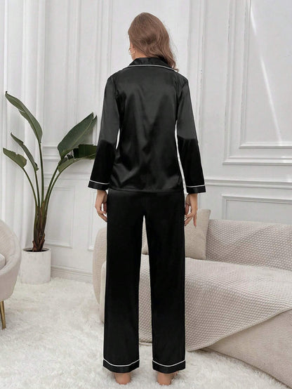 Women's Contrast Banded Collar Long Sleeve Pants Pajama Set shein