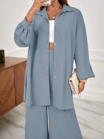 Frenchy Drop Shoulder Button Front Shirt & Wide Leg Pants shein