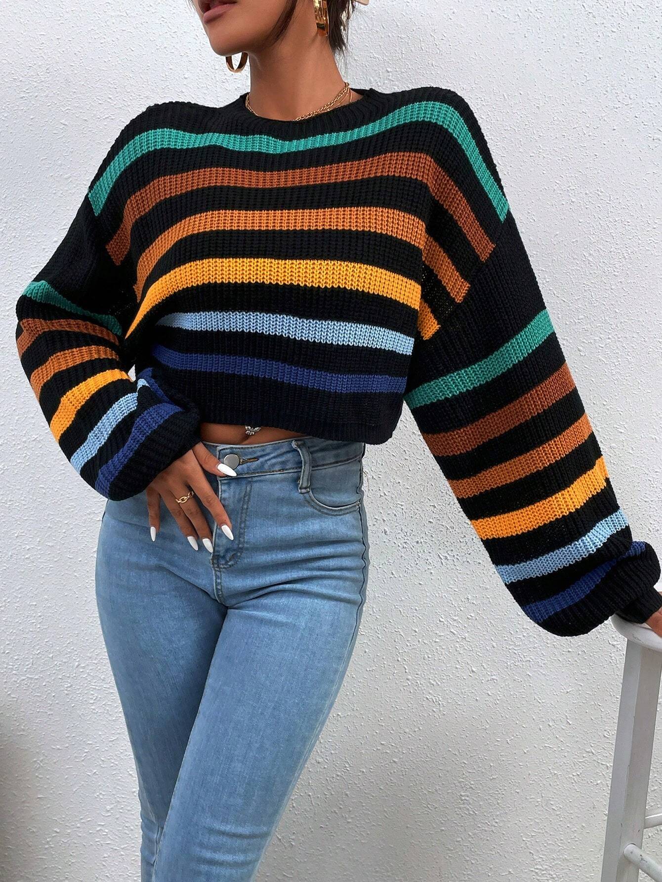 EZwear Stripe Pattern Lantern Sleeve Sweater shein
