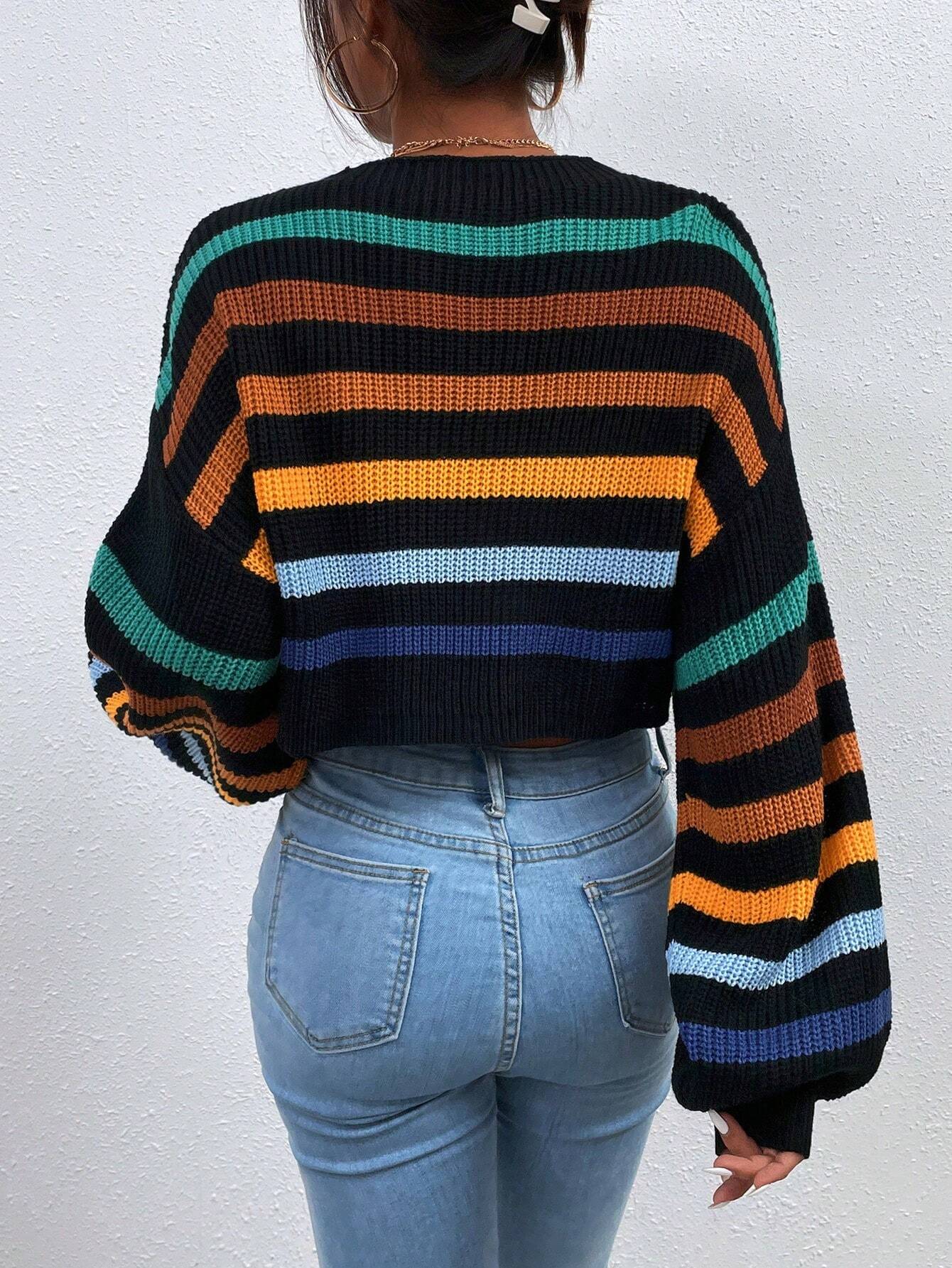 EZwear Stripe Pattern Lantern Sleeve Sweater shein