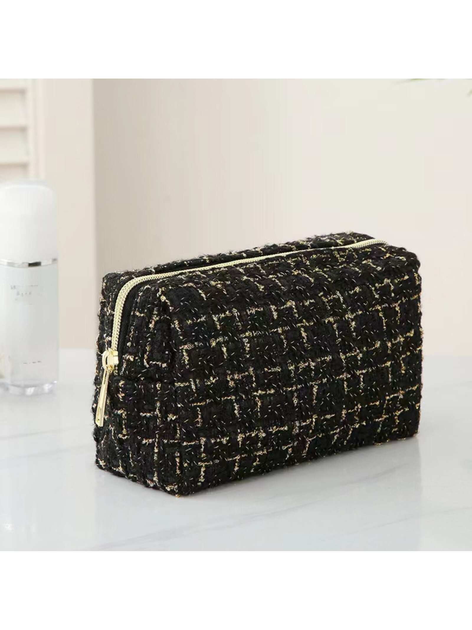 1pc Large Capacity Checkerboard Hand-Woven Cosmetic Bag, Portable Toiletry Storage Box, Travel Bag For Travel Storage Bag,Makeup Bag