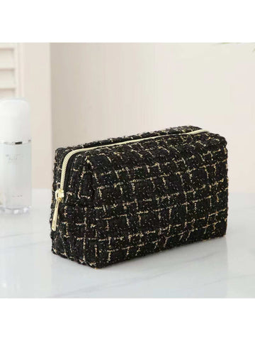 1pc Large Capacity Checkerboard Hand-Woven Cosmetic Bag, Portable Toiletry Storage Box, Travel Bag For Travel Storage Bag,Makeup Bag