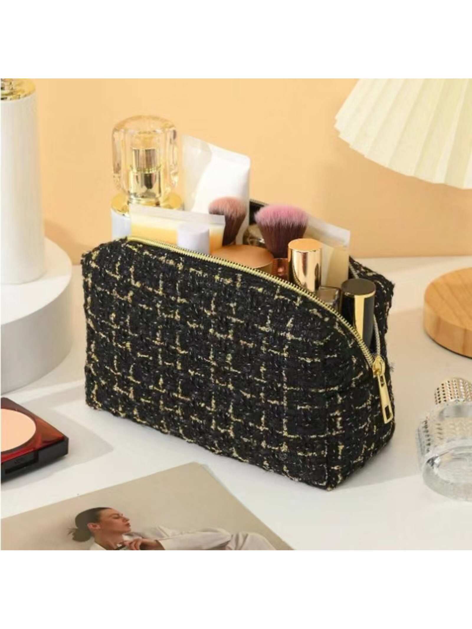 1pc Large Capacity Checkerboard Hand-Woven Cosmetic Bag, Portable Toiletry Storage Box, Travel Bag For Travel Storage Bag,Makeup Bag shein