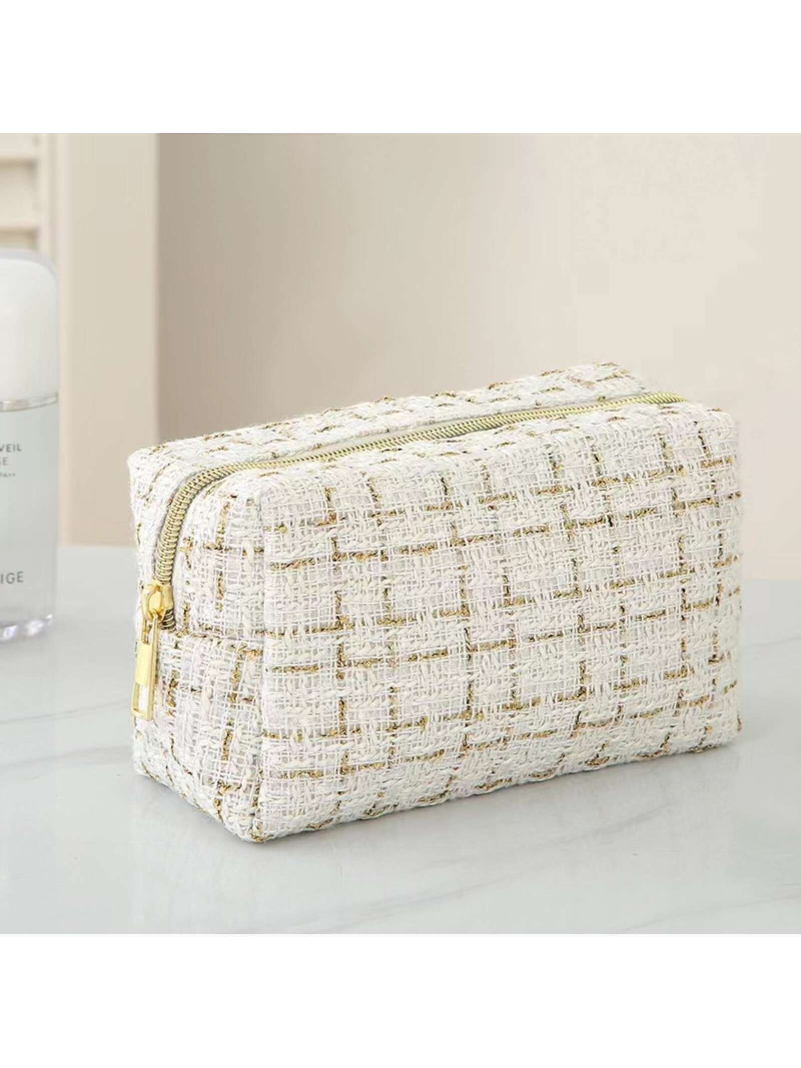 1pc Large Capacity Checkerboard Hand-Woven Cosmetic Bag, Portable Toiletry Storage Box, Travel Bag For Travel Storage Bag,Makeup Bag shein