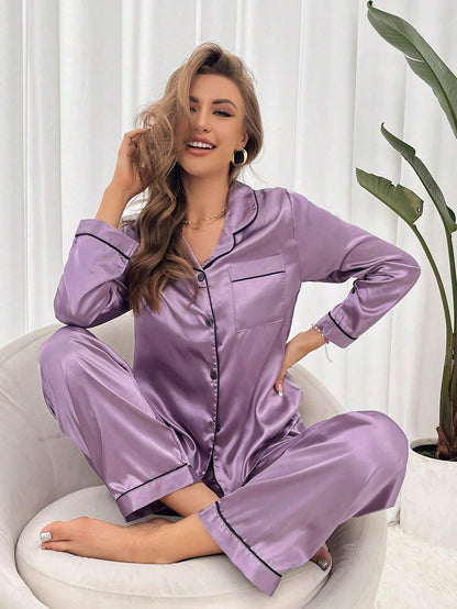 Women's Contrast Banded Collar Long Sleeve Pants Pajama Set shein