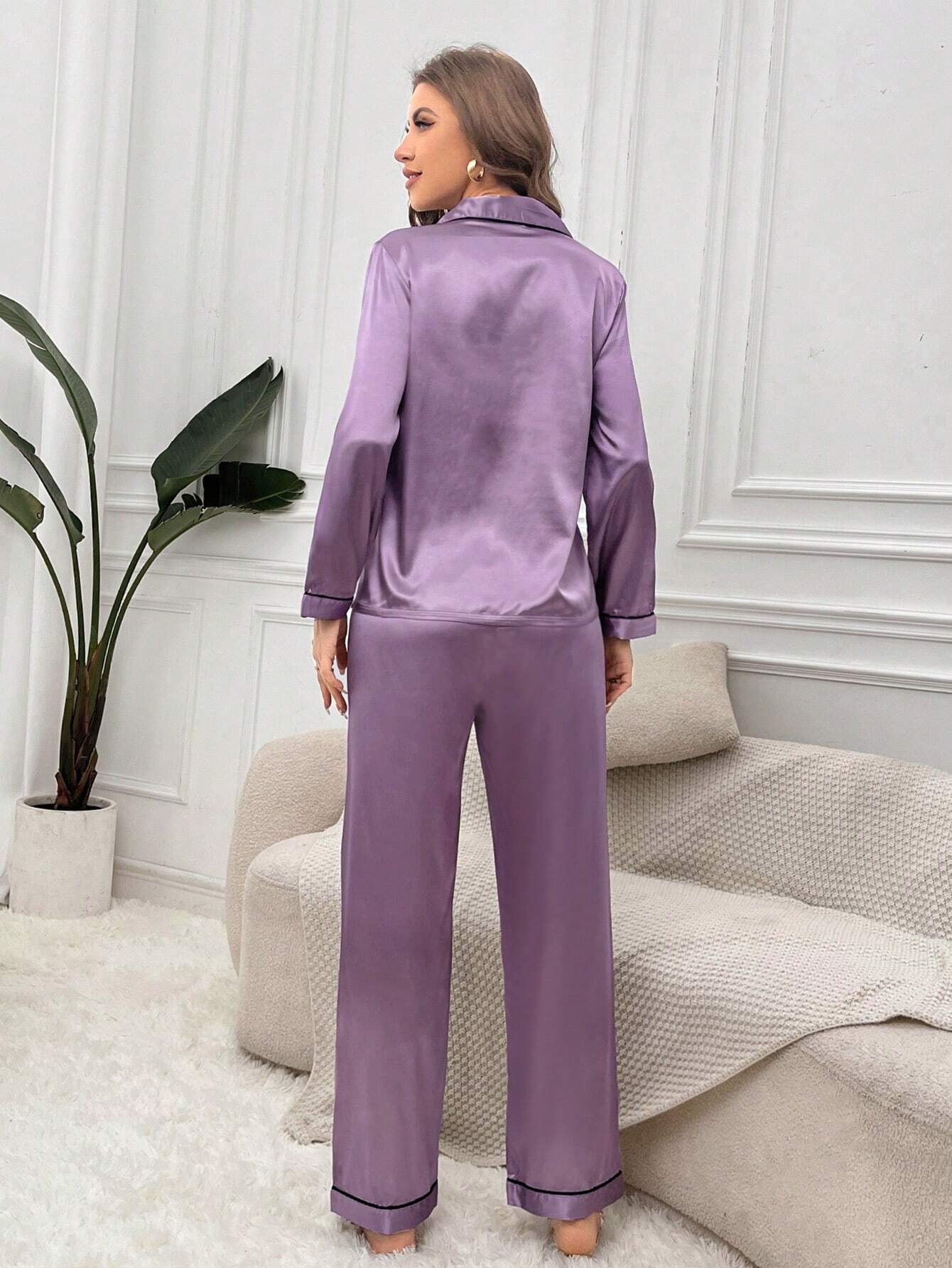 Women's Contrast Banded Collar Long Sleeve Pants Pajama Set shein