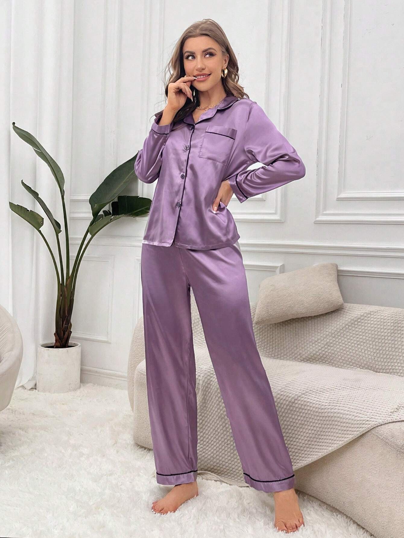 Women's Contrast Banded Collar Long Sleeve Pants Pajama Set shein