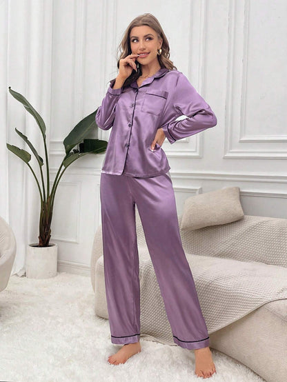 Women's Contrast Banded Collar Long Sleeve Pants Pajama Set shein