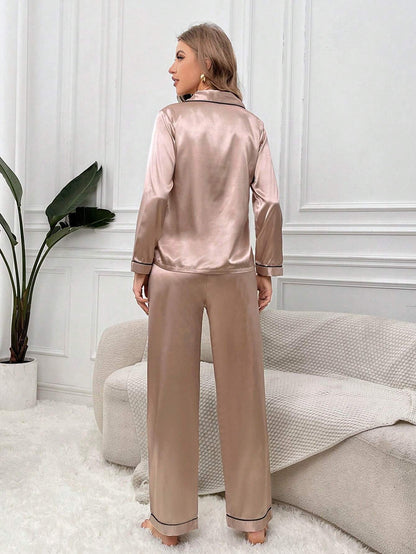 Women's Contrast Banded Collar Long Sleeve Pants Pajama Set shein