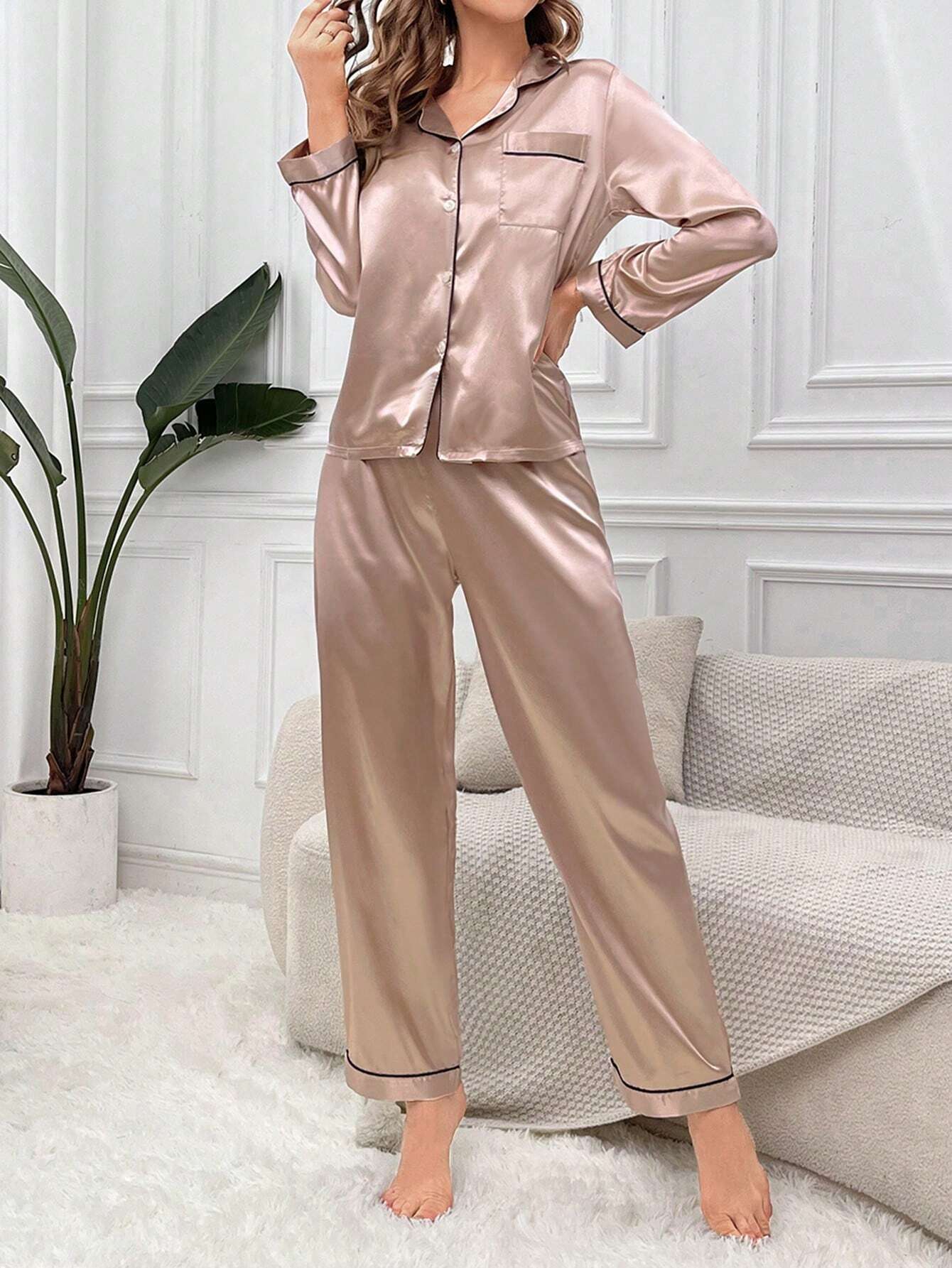 Women's Contrast Banded Collar Long Sleeve Pants Pajama Set shein