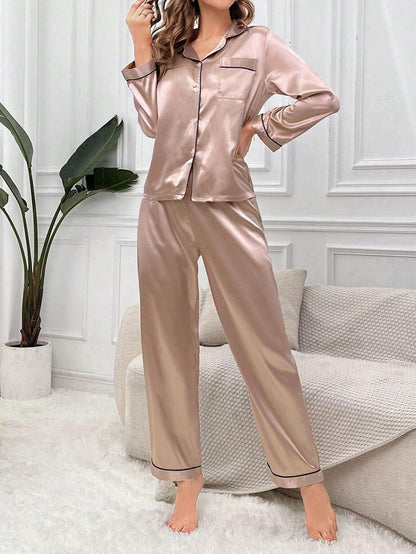 Women's Contrast Banded Collar Long Sleeve Pants Pajama Set shein