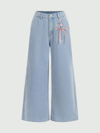ROMWE Kawaii Lace Up Front Wide Leg Jeans shein