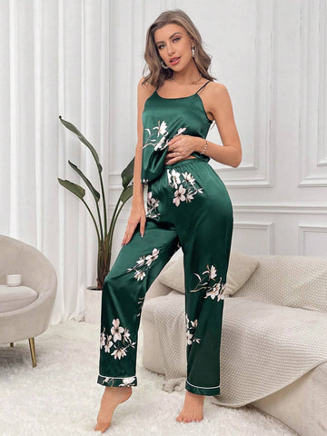 Contrast Piping Satin PJ Set shein