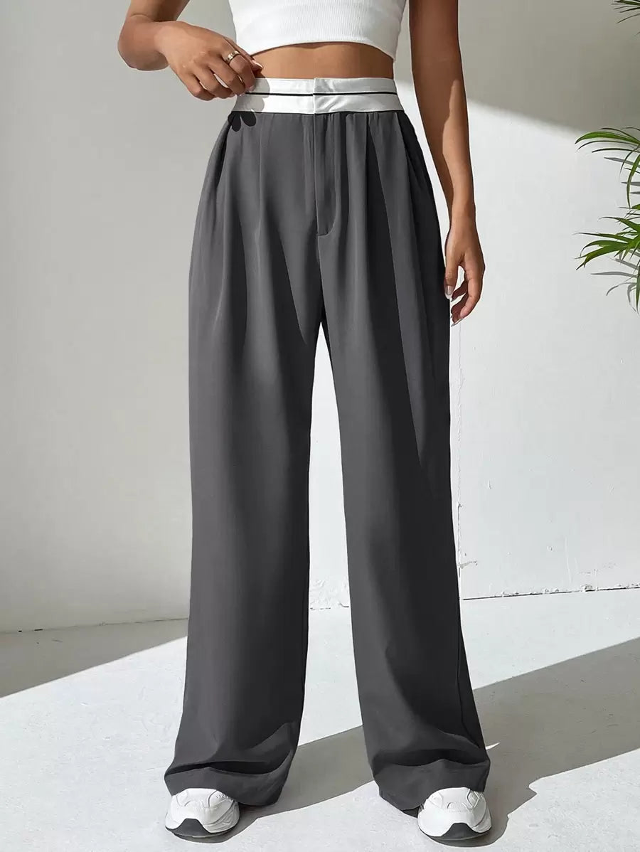 EZwear Contrast Panel Wide Leg Pants shein