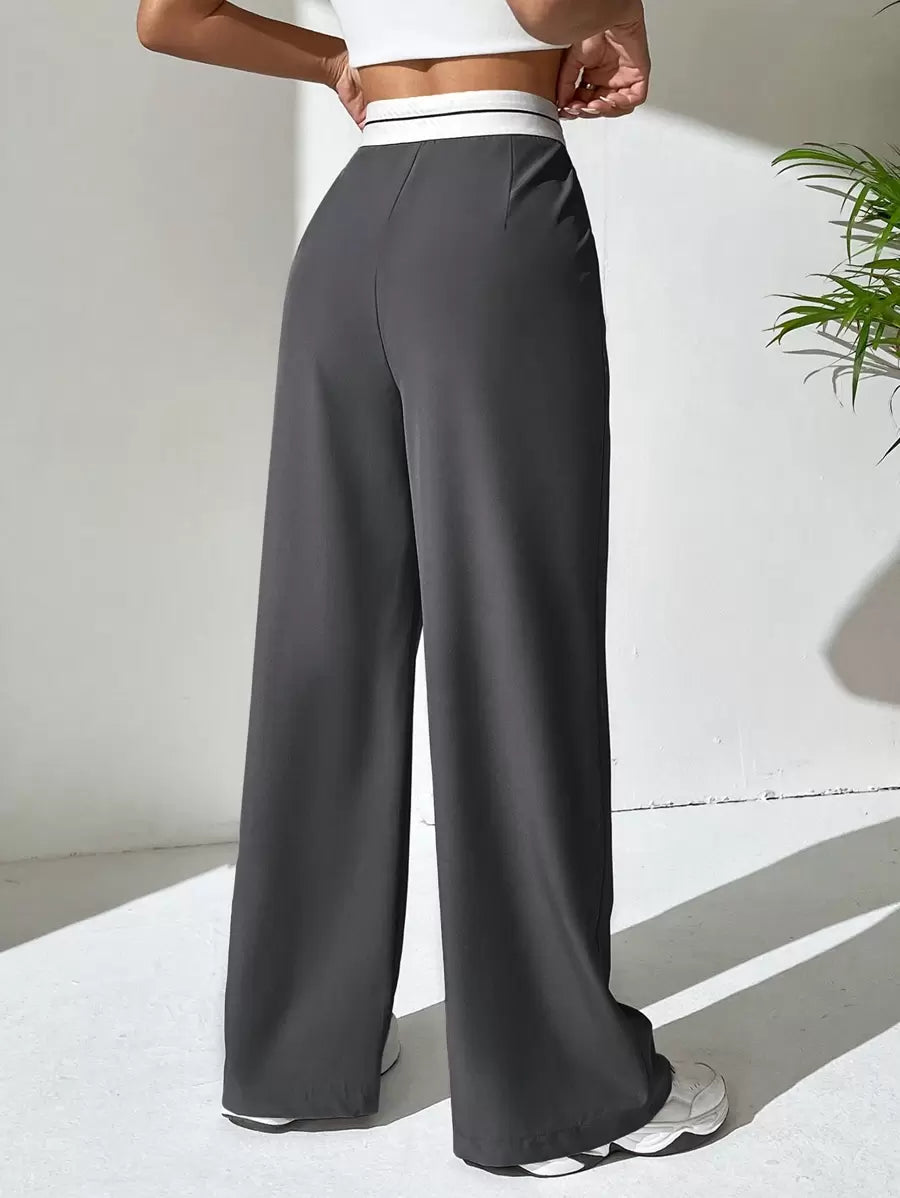 EZwear Contrast Panel Wide Leg Pants shein