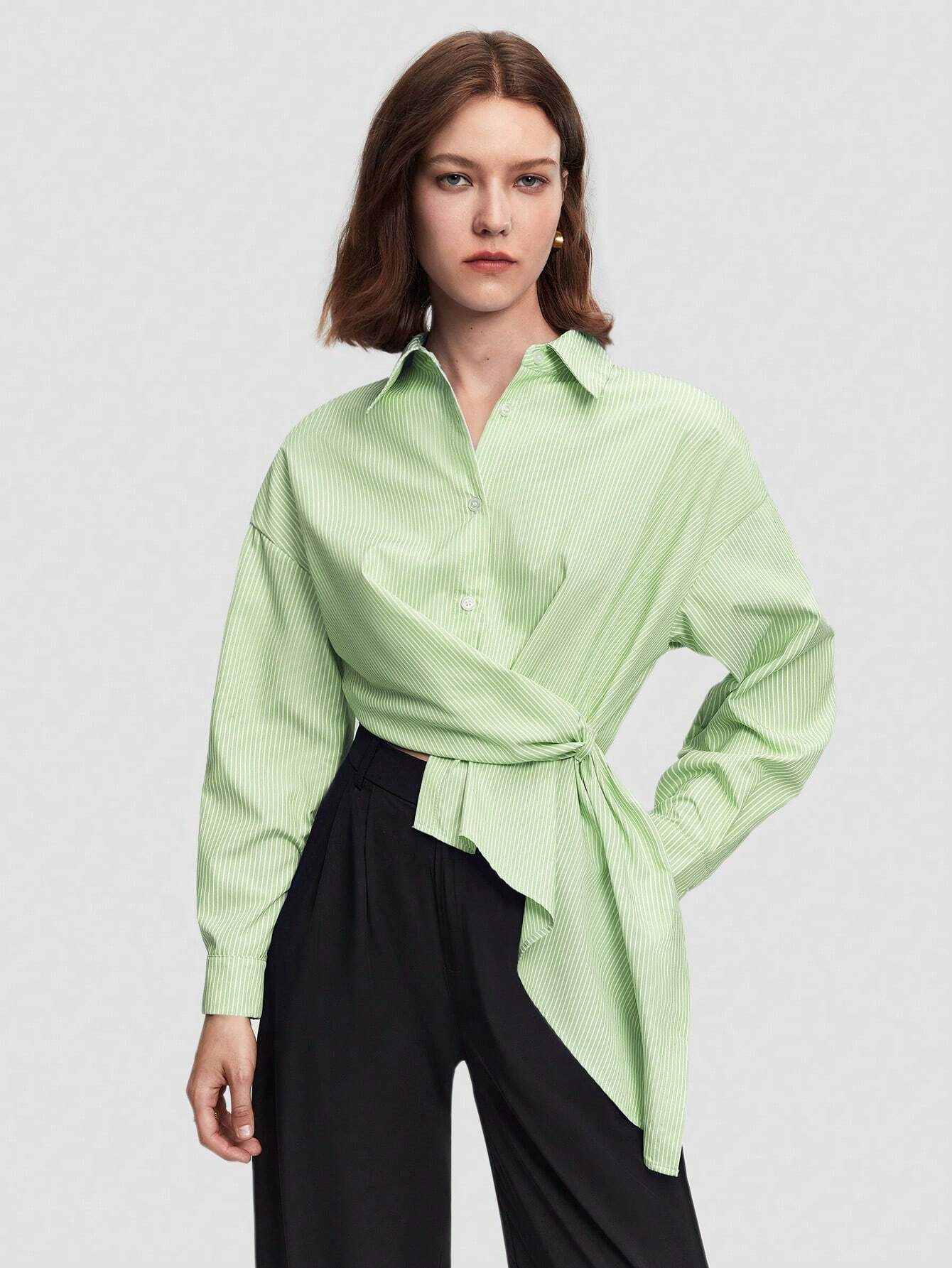 BIZwear Solid Drop Shoulder Asymmetrical Hem Shirt shein