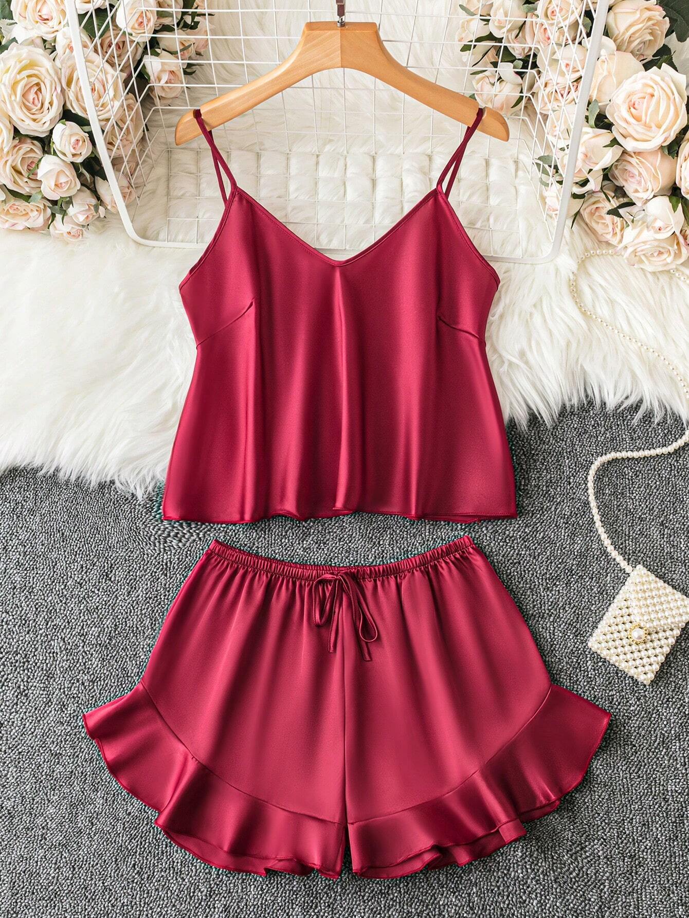 Ruffle Hem Satin PJ Set shein