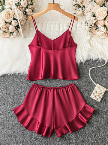 Ruffle Hem Satin PJ Set shein