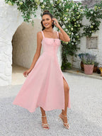 PARTHEA Tie Front Slit Thigh Boning Ruched Cami Bodycon Long Dress shein